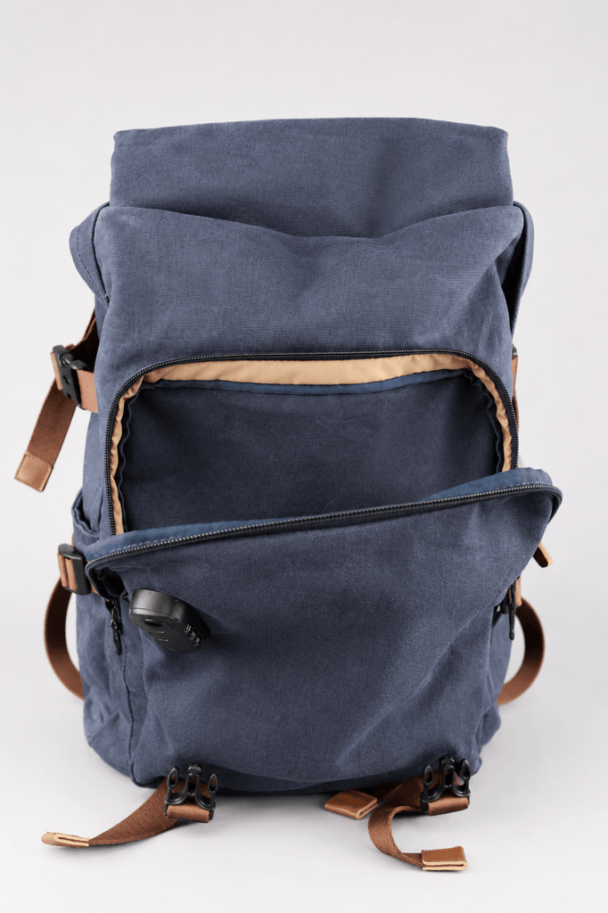 NWT! Compass USA expandable backpack in navy blue and brown 18x12x9 Secure Backpack with Combination Lock & Bluetooth Tracking  main image 3