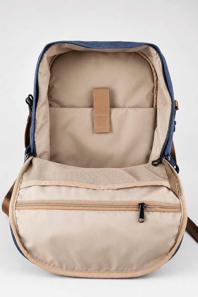NWT! Compass USA expandable backpack in navy blue and brown 18x12x9 Secure Backpack with Combination Lock & Bluetooth Tracking  main image 4